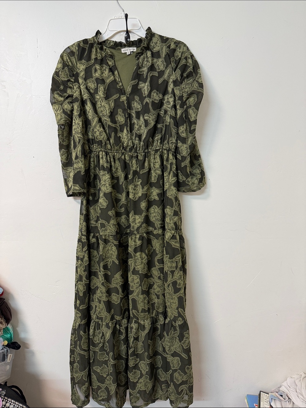 Moon River Olive Green Botanical Maxi Dress